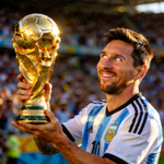 梅西手捧金球奖奖杯微笑庆祝